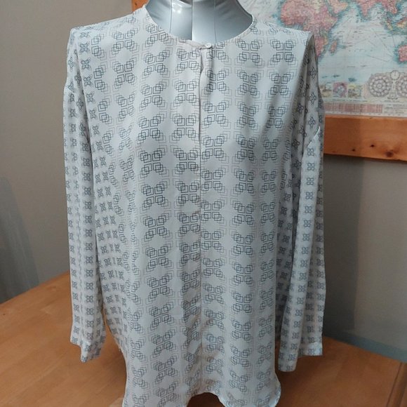 Harve Bernard Geometric Pattern L/S Blouse Cream Tan/Black Women's small - Picture 1 of 10